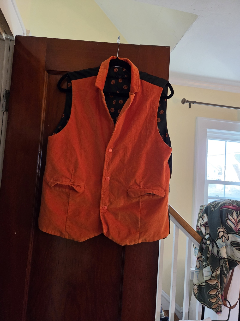Spirit Men's Bright Orange Velvet Vest with Patterned Lining